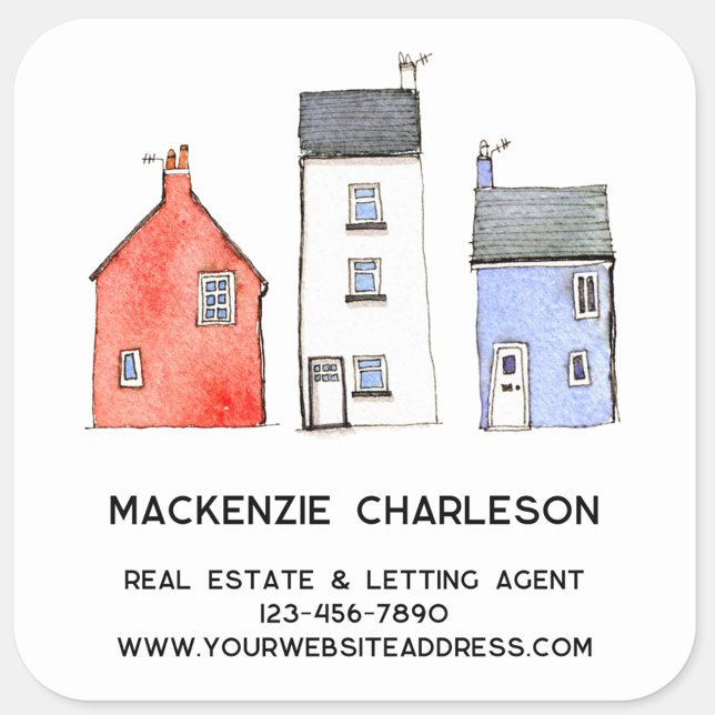 Watercolor House Zuhause Real Anwesen Lassend Agen Quadratischer Aufkleber (Watercolor house art custom text real estate letting agent building services business sticker)