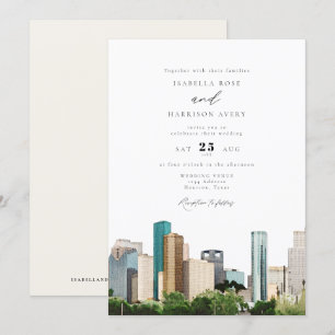 Watercolor Houston Texas City Skyline Wedding Einladung