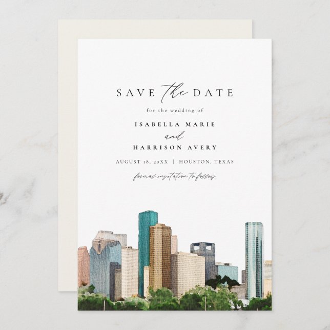 Watercolor Houston Texas Skyline Save the Date Einladung (Vorne/Hinten)