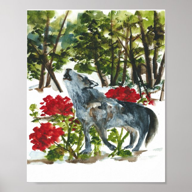 Watercolor howling wolf poster (Vorne)