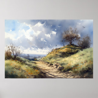 Watercolor Hügel Wiese Wickelweg Blau Himmel Poster