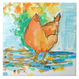 Watercolor Huhn Hen Autumn Leaves Fliese