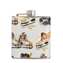 Watercolor Ice Skates with Autumn Leaves Pattern Flachmann