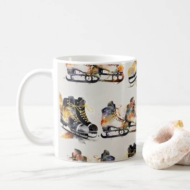 Watercolor Ice Skates with Autumn Leaves Pattern   Kaffeetasse (Mit Donut)