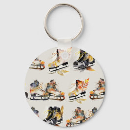 Watercolor Ice Skates with Autumn Leaves Pattern Schlüsselanhänger