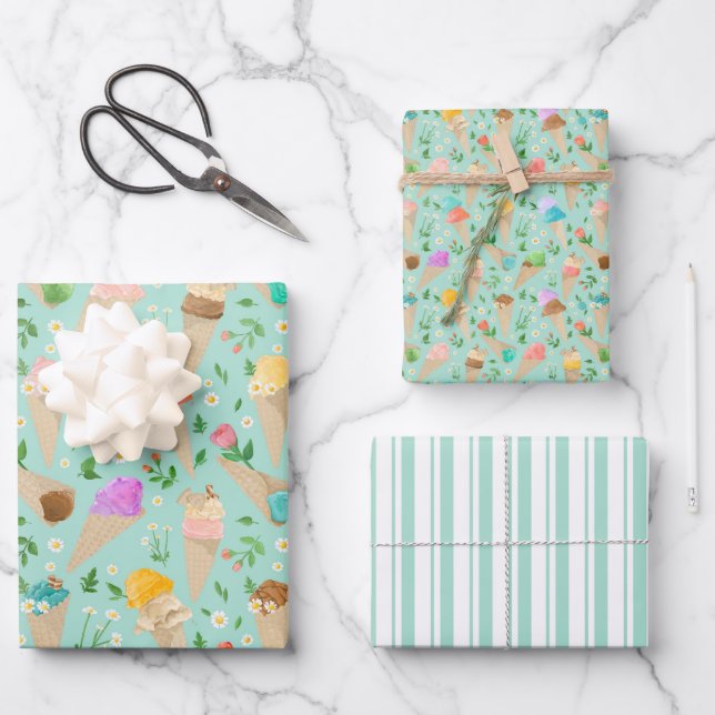 Watercolor Icecream Cone Gift Wrap Geschenkpapier Set (Vorderseite)