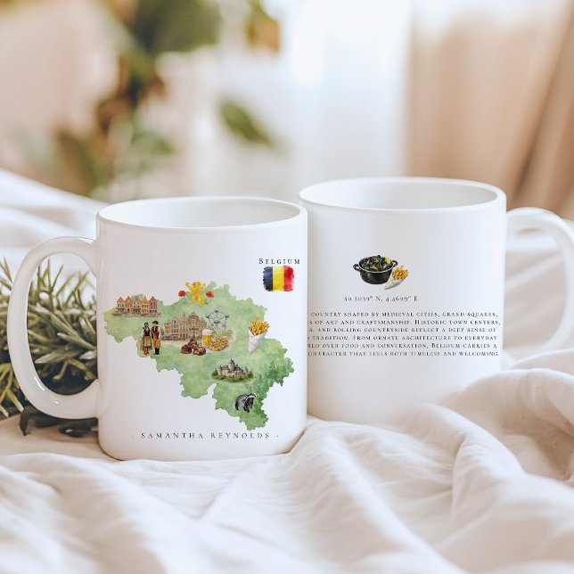 Watercolor Illustrated Map Belgium | Monogram Kaffeetasse (Von Creator hochgeladen)