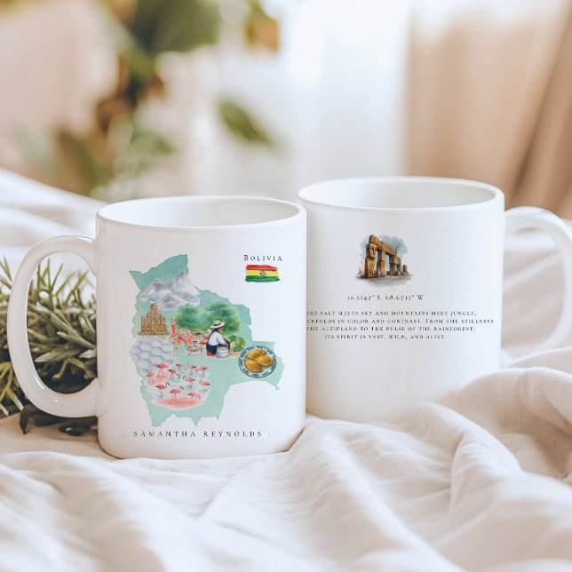 Watercolor Illustrated Map Bolivia | Monogram Kaffeetasse (Von Creator hochgeladen)