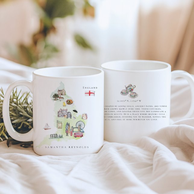 Watercolor Illustrated Map England | Monogram Kaffeetasse (Von Creator hochgeladen)