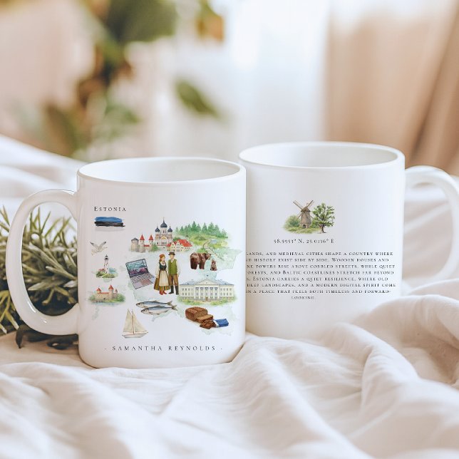 Watercolor Illustrated Map Estonia | Monogram Kaffeetasse (Von Creator hochgeladen)