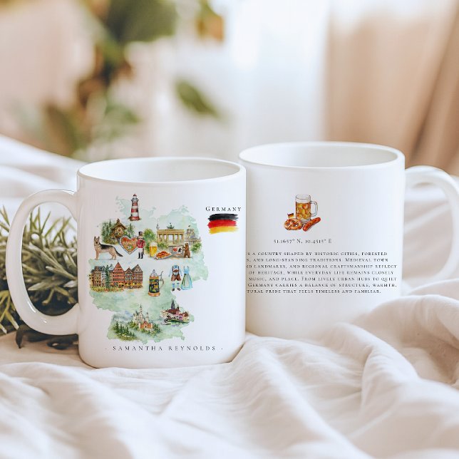 Watercolor Illustrated Map Germany | Monogram Kaffeetasse (Von Creator hochgeladen)