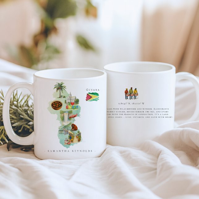 Watercolor Illustrated Map Guyana | Monogram Kaffeetasse (Von Creator hochgeladen)