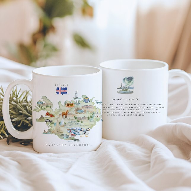 Watercolor Illustrated Map Iceland | Monogram Kaffeetasse (Von Creator hochgeladen)