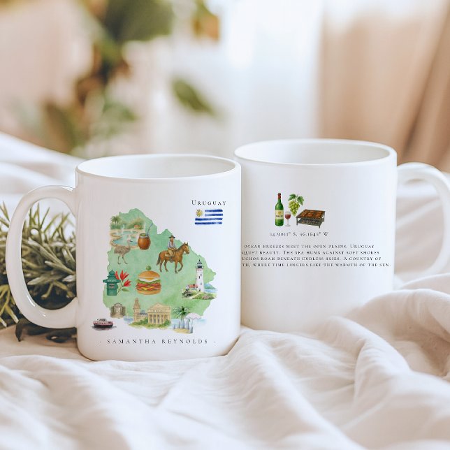 Watercolor Illustrated Map Uruguay | Monogram Kaffeetasse (Von Creator hochgeladen)