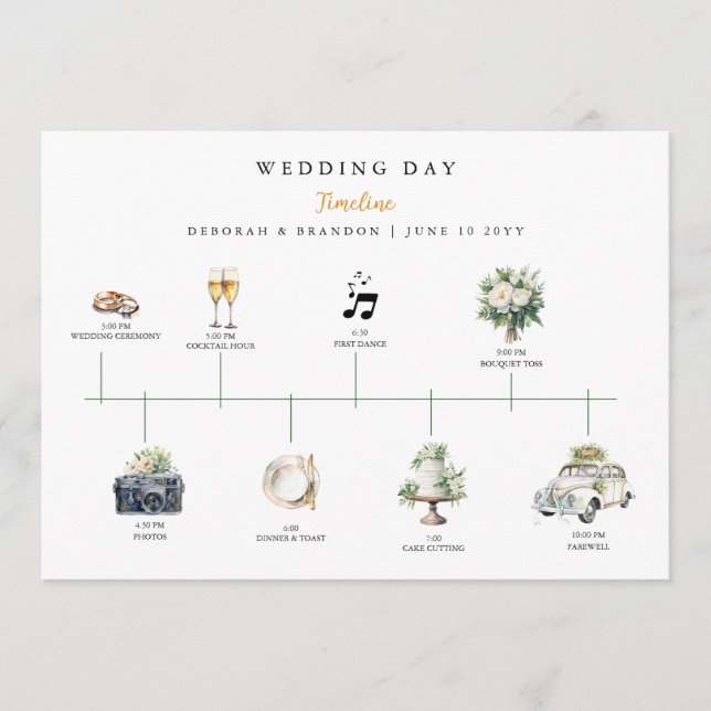 Watercolor Illustrated Wedding day Timeline  Programm (Vorderseite)
