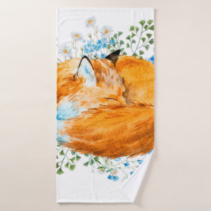watercolor illustration of a sleeping fox, red fox badehandtuch