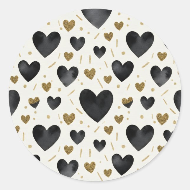 Watercolor Ink & Gold Glitter Heart Pattern Runder Aufkleber (Vorderseite)