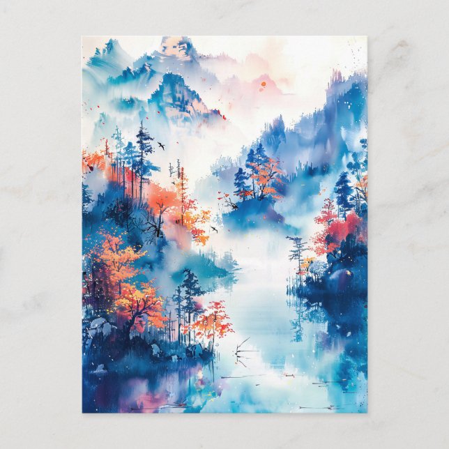 Watercolor ink of Chinese landscape on a lake Postkarte (Vorderseite)