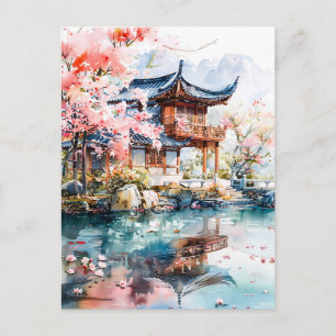 Watercolor ink of chinese template on lake. postkarte