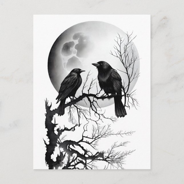 Watercolor ink of Odins raven sitting on twigs Postkarte (Vorderseite)