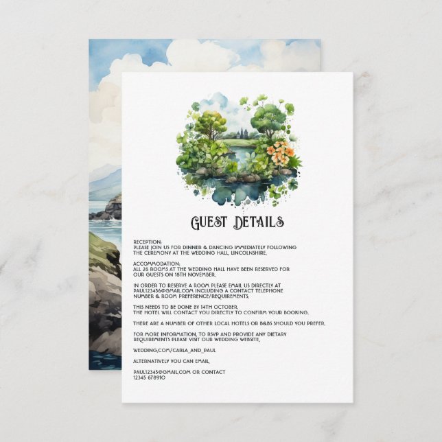 Watercolor Ireland Wedding Guest Details Begleitkarte (Vorne/Hinten)