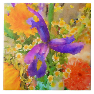 Watercolor-Iris-Blumenstrauß-Keramik-Fliese Fliese