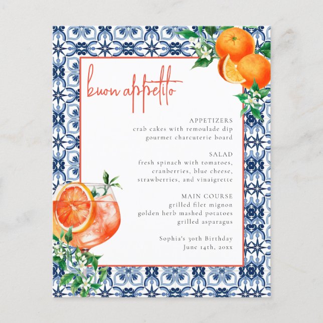 Watercolor Italian Orange Aperol Spritz Event Menu (Vorderseite)