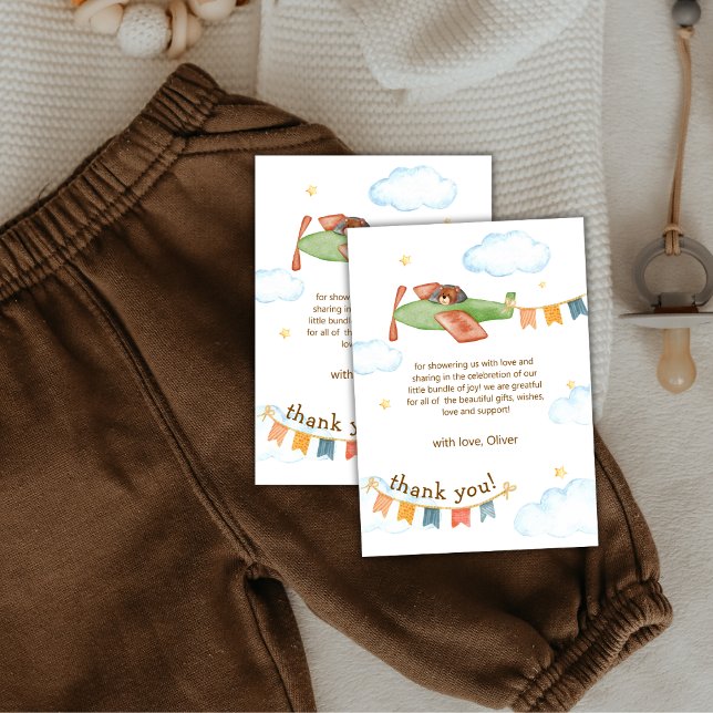 Watercolor It's A Boy Bear Airplane Baby Shower  Dankeskarte (Watercolor It's A Boy Bear Airplane Baby Shower Thank You Card)