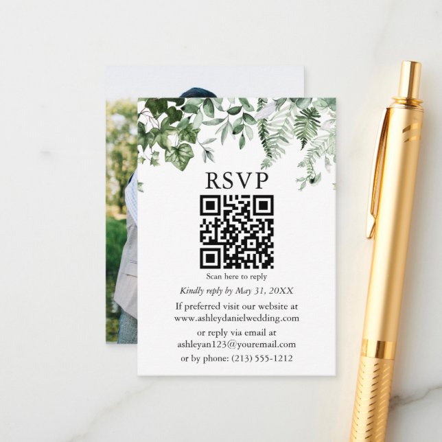 Watercolor Ivy Ferns Sage Foto Wedding QR UAWG Begleitkarte (Vorderseite/Rückseite Beispiel)