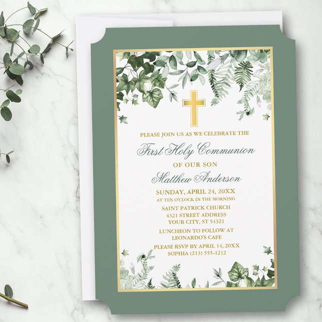 Watercolor Ivy Ferns Sage Gold Frame Kommune Einladung (Customize to change text color, size, text style or to change color of back of card.)