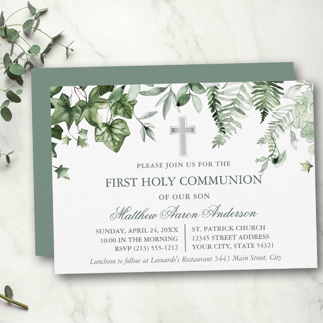 Watercolor Ivy Ferns Sage Green Communion Einladung (Customize to change text color, text style or color of back of card.)