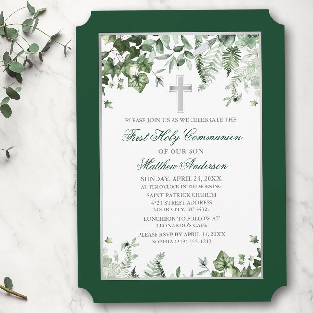 Watercolor Ivy Ferns Sage Green Silver Communion Einladung (Customize to change text size, style, color or to add more text or photos to back of card.)
