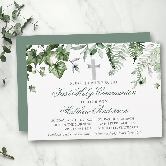 Watercolor Ivy Ferns Sage Green Silver Communion Einladung (Customize to change text color,  size, style or to change color of back of card.)