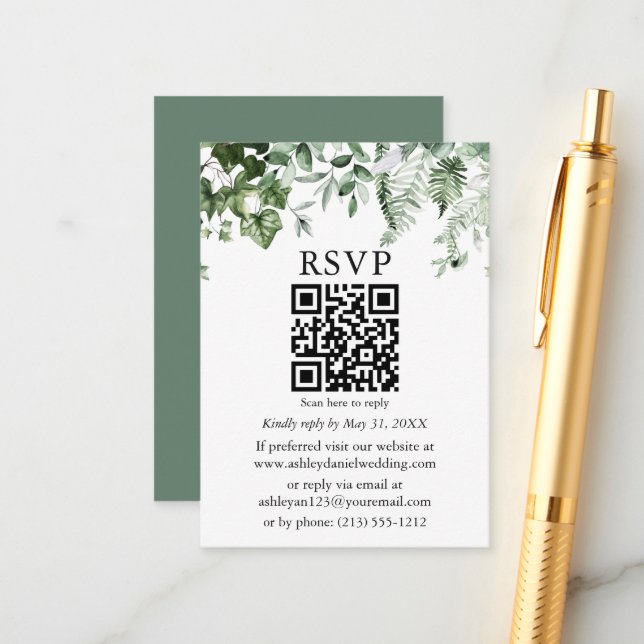 Watercolor Ivy Ferns Sage Green Wedding QR UAWG Begleitkarte (Vorderseite/Rückseite Beispiel)