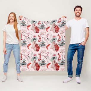 Watercolor Japanerin Pagoda Lotus Koi Fisch Fleecedecke