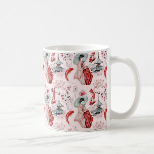Watercolor Japanerin Pagoda Lotus Koi Fisch Kaffeetasse
