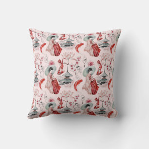 Watercolor Japanerin Pagoda Lotus Koi Fisch Kissen