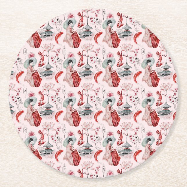 Watercolor Japanerin Pagoda Lotus Koi Fish Ta Runder Pappuntersetzer (Vorderseite)