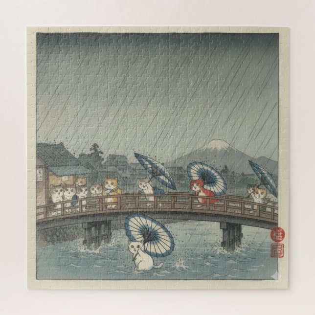 Watercolor Japanese Kittens & Rain Shower Parody  Puzzle (Vertikal)