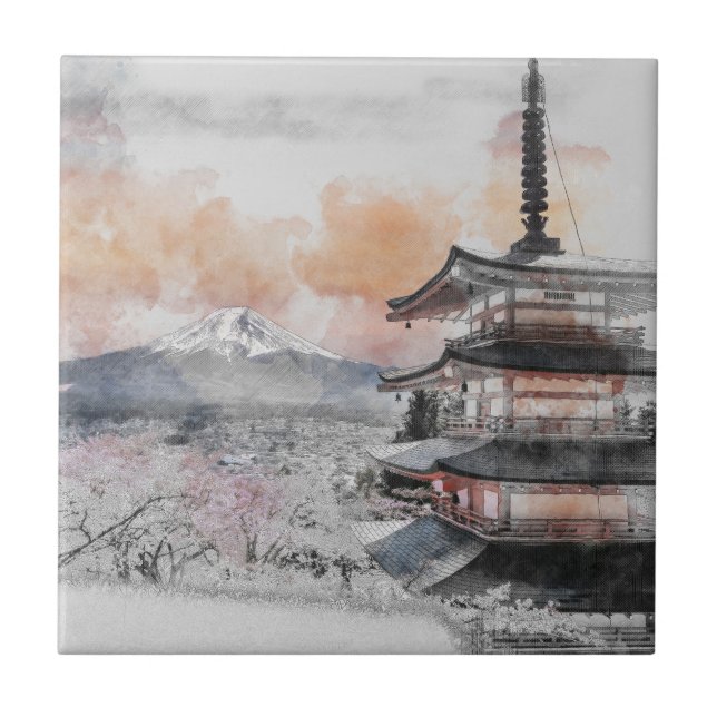 Watercolor Japanese Pagoda & Fuji  Fliese (Vorderseite)