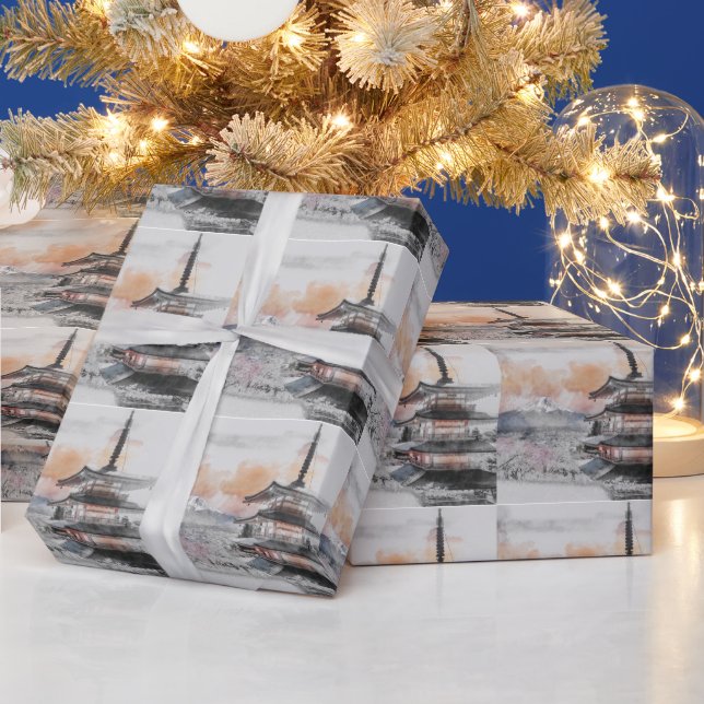 Watercolor Japanese Pagoda & Fuji  Geschenkpapier (Feiertage)