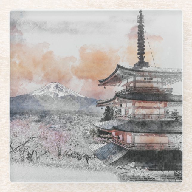 Watercolor Japanese Pagoda & Fuji  Glasuntersetzer (Vorderseite)