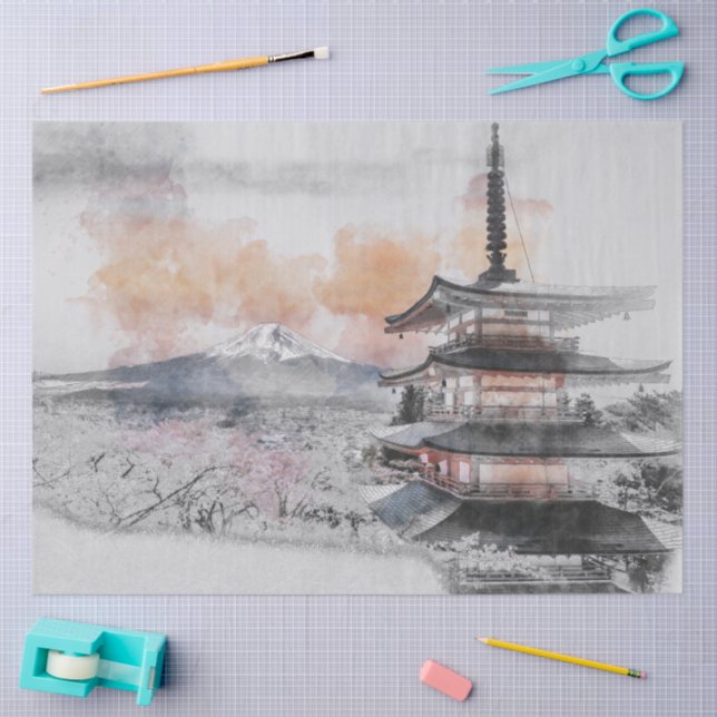 Watercolor Japanese Pagoda & Fuji  Seidenpapier (Basteln)