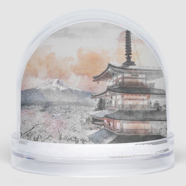 Watercolor Japanese Pagoda & Mt. Fuji Gift Schneekugeln (Vorderseite)
