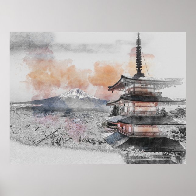 Watercolor Japanese Pagoda & Mt. Fuji  Poster (Vorne)