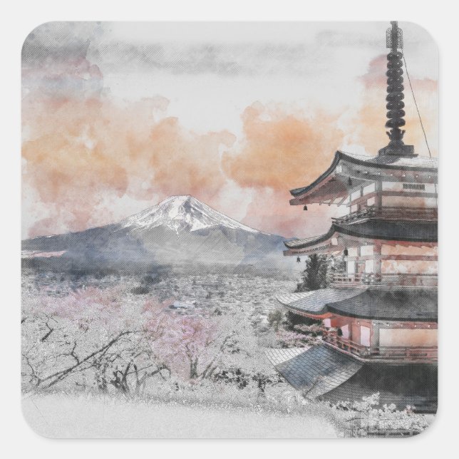Watercolor Japanese Pagoda & Mt. Fuji Square  Quadratischer Aufkleber (Vorderseite)
