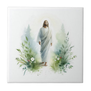 Watercolor Jesus Christ with Botanical Elements - Fliese