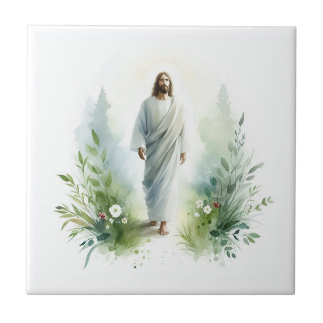 Watercolor Jesus Christ with Botanical Elements - Fliese (Vorderseite)