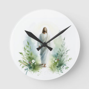 Watercolor Jesus Christ with Botanical Elements - Runde Wanduhr