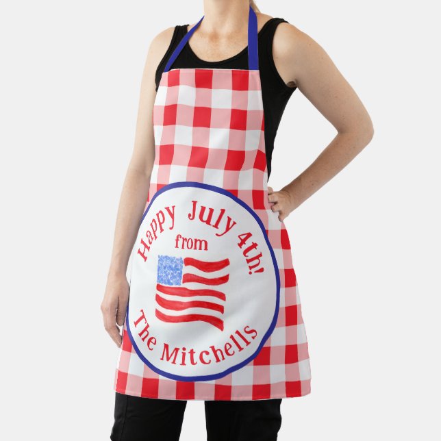 Watercolor July 4th Flag Red Check NAME Unisex Schürze (InSitu)